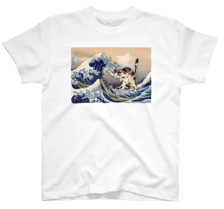 神奈川沖浪裏にまざり猫のtshirt