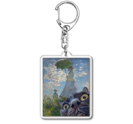散歩、日傘をさす女にまざり猫のkeyring