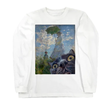 散歩、日傘をさす女にまざり猫のlongtee
