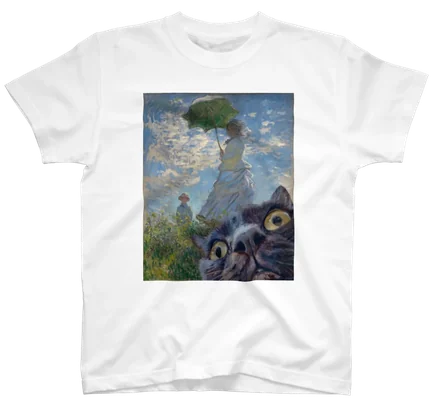 散歩、日傘をさす女にまざり猫のtshirt