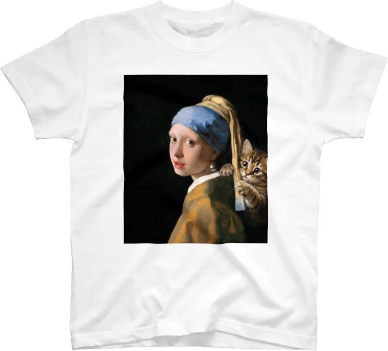 真珠の耳飾りの少女にまざり猫 のTシャツ